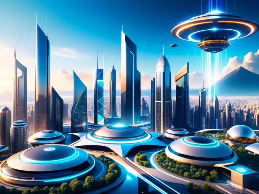 Metrópolis futurista: multi-realidades y tecnología avanzada Una ciudad futurista con dimensiones alternas teorías científicas, tecnología avanzada e integración de múltiples realidades en la vida cotidiana