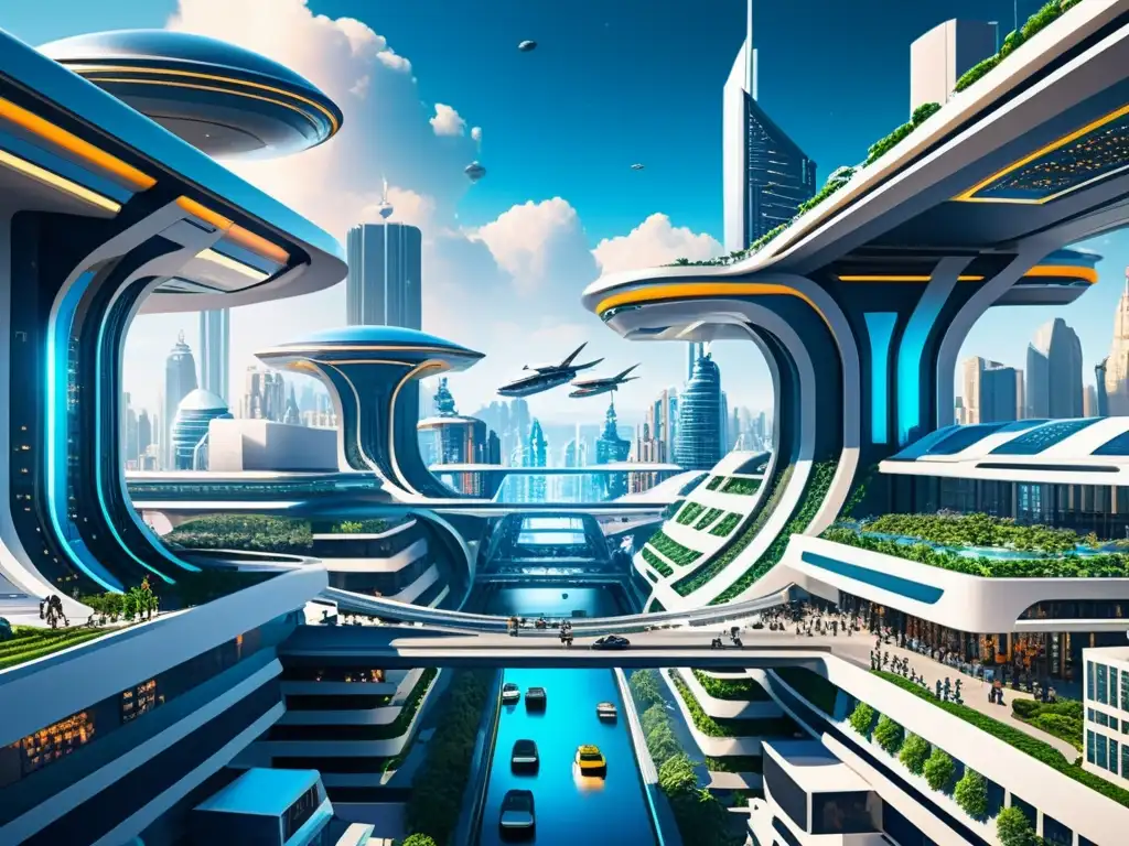 Metrópolis futurista: ciudad interconectada con tecnología avanzada Una ciudad futurista con edificios interconectados por puentes y avanzada tecnología