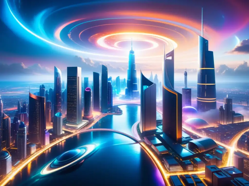 Metrópolis futurista: dimensiones sobrenaturales y maravilla cósmica Una ciudad futurista con energía interdimensional, portales y colores etéreos
