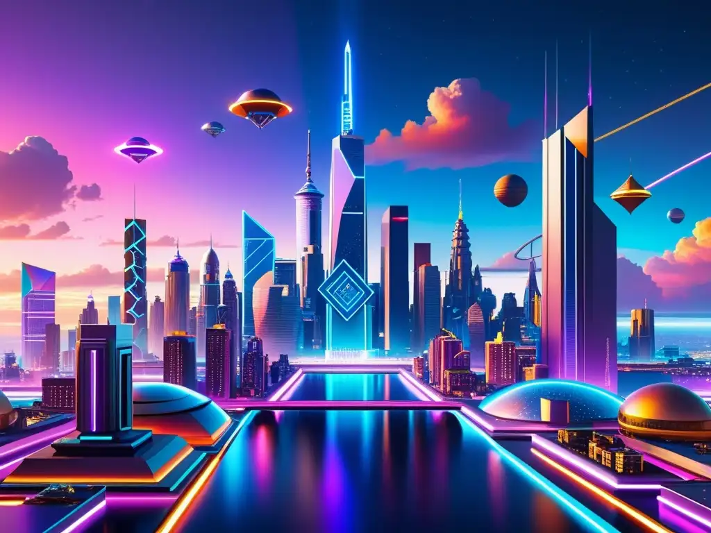 Metrópolis futurista: cielo multicolor y tecnología avanzada Una ciudad futurista con estructuras geométricas conectadas se eleva hacia un cielo multicolor