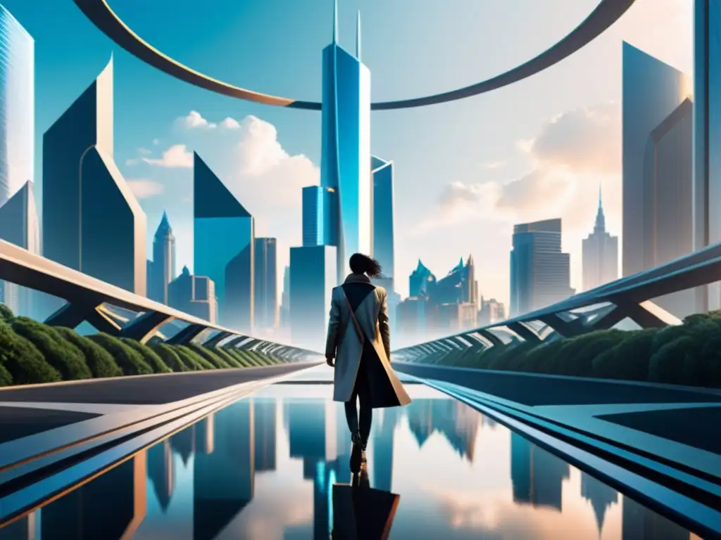 Encrucijada de Identidad: Elegir el Destino Una ciudad futurista se alza en el fondo, con rascacielos imponentes y estructuras metálicas