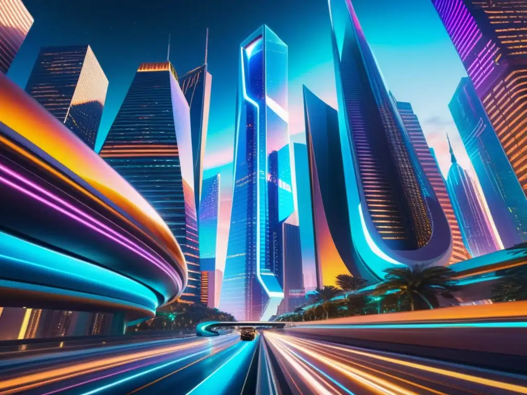 Metrópolis futurista con geometrías multidimensionales Una ciudad futurista con geometrías multidimensionales y vehículos veloces, iluminada por patrones brillantes