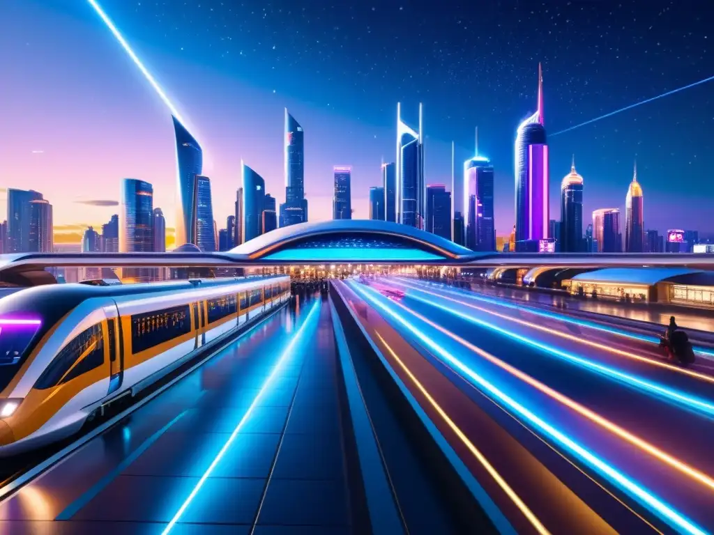 Metrópolis futurista: explorando dimensiones Una ciudad futurista iluminada por luces de neón, con autos voladores y estaciones de tren futuristas