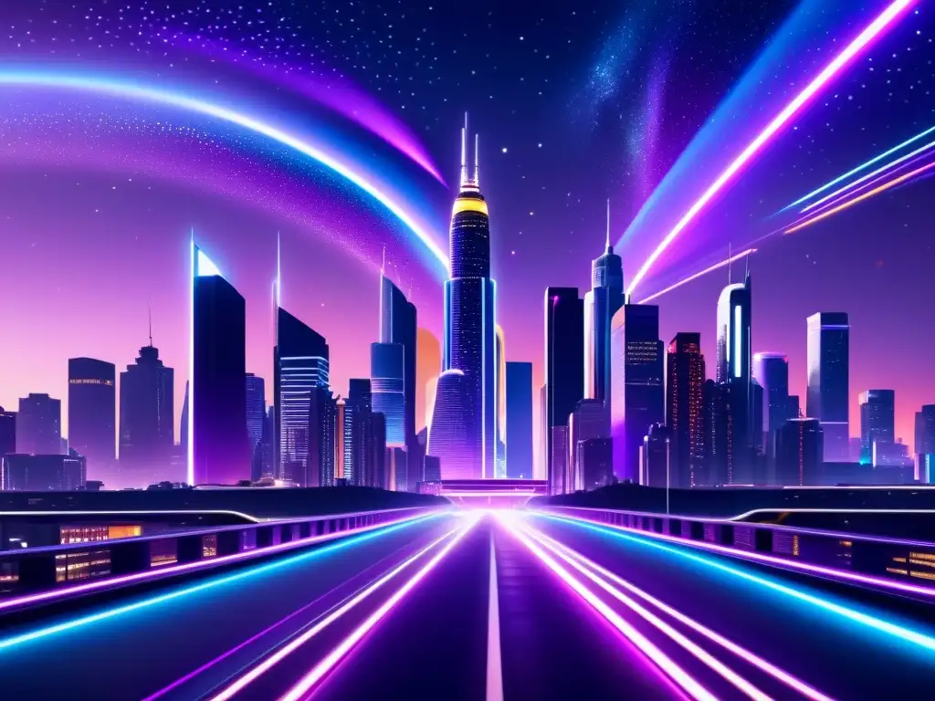 Metrópolis futurista: luces neón y coches voladores en una noche estrellada Una ciudad futurista iluminada por luces de neón, con rascacielos enormes y coches voladores