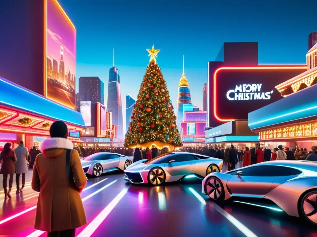 Navidad futurista en la ciudad: luces y tradición Una ciudad futurista iluminada por luces de neón y vallas publicitarias holográficas