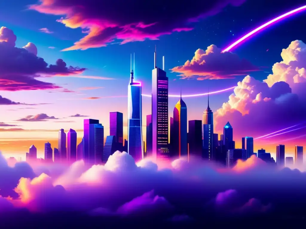 Metrópolis futurista: cielo púrpura, rascacielos y vehículos voladores Una ciudad futurista impactante, con rascacielos y luces de neón, evoca el impacto de Una arruga en el tiempo
