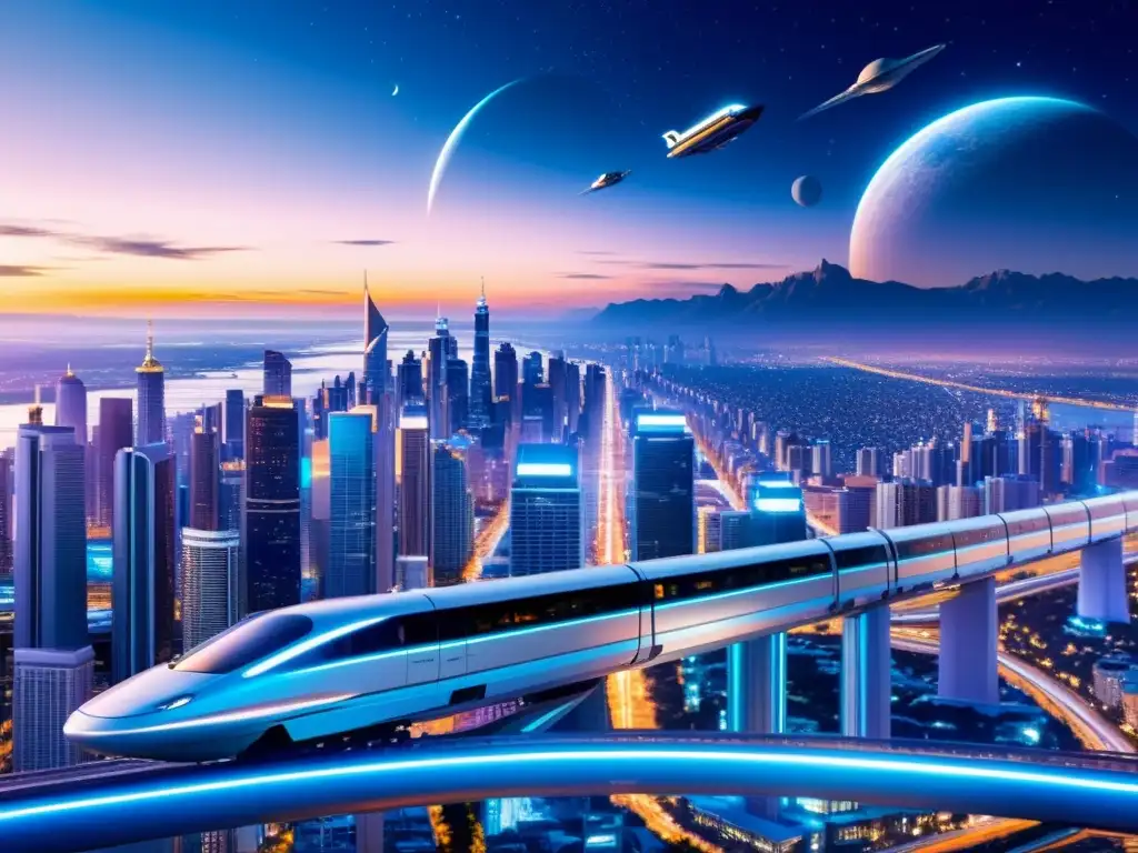 Una ciudad futurista interdimensional con rascacielos, monorraíles y naves espaciales