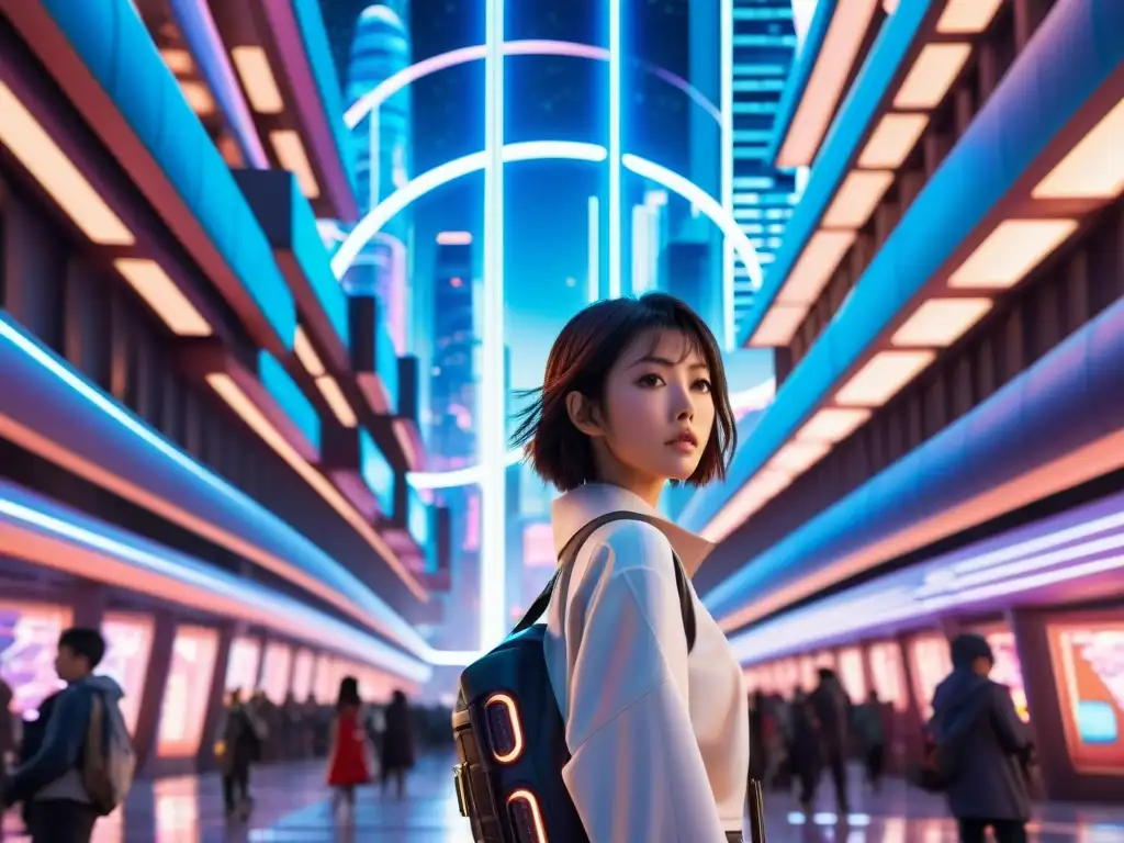 Sakura Kinomoto: Viaje interdimensional en ciudad futurista Sakura Card Captor en una ciudad futurista, lista para viajes dimensionales con su bastón mágico