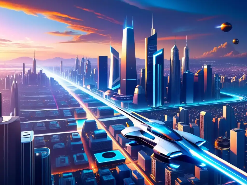 Metrópolis futurista: visión asombrosa Descubre una ciudad futurista llena de rascacielos y tecnología avanzada, inspirada en la Teoría de universos alternativos Platón