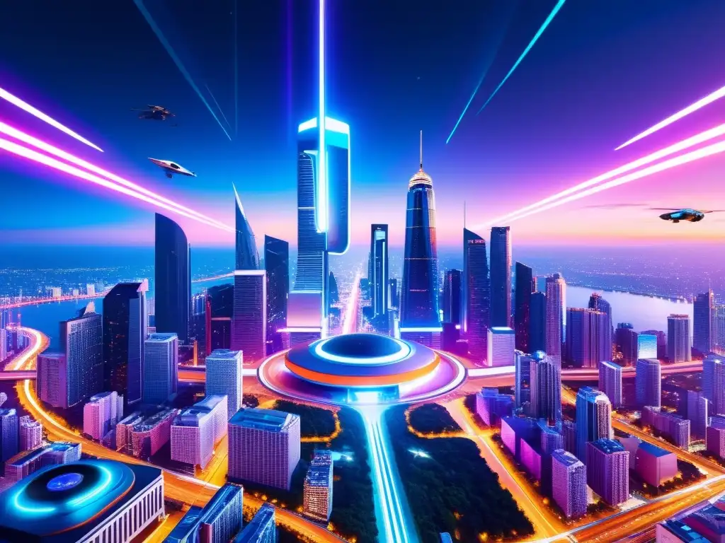 Metrópolis futurista y portal dimensional Una ciudad futurista llena de rascacielos iluminados por luces de neón, con autos voladores y un portal brillante en el cielo, reflejando la responsabilidad ética en universos paralelos