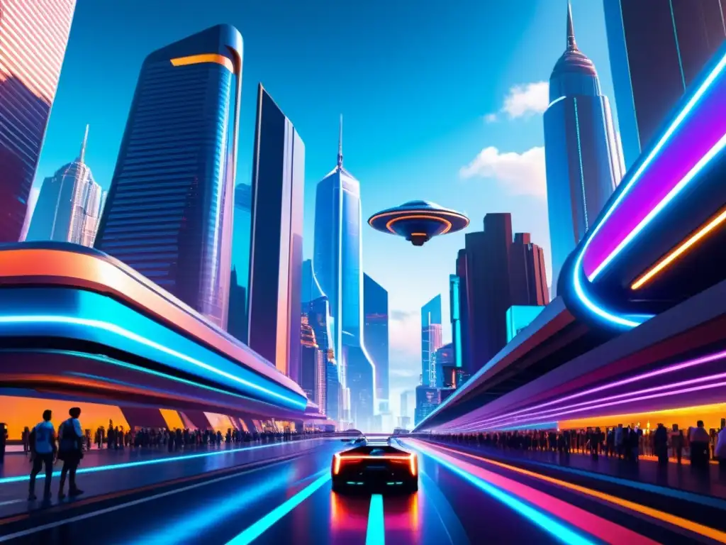 Policía Temporal: Ciudad Futurista y Viajes Interdimensionales Una ciudad futurista llena de rascacielos brillantes, luces de neón y autos voladores, con gente vestida con ropa futurista