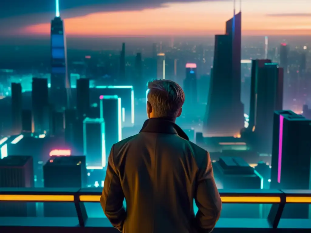 K en la ciudad futurista de Blade Runner 2049 K de Blade Runner 2049 contempla la ciudad futurista en un momento introspectivo, reflejando la identidad en Blade Runner 2049