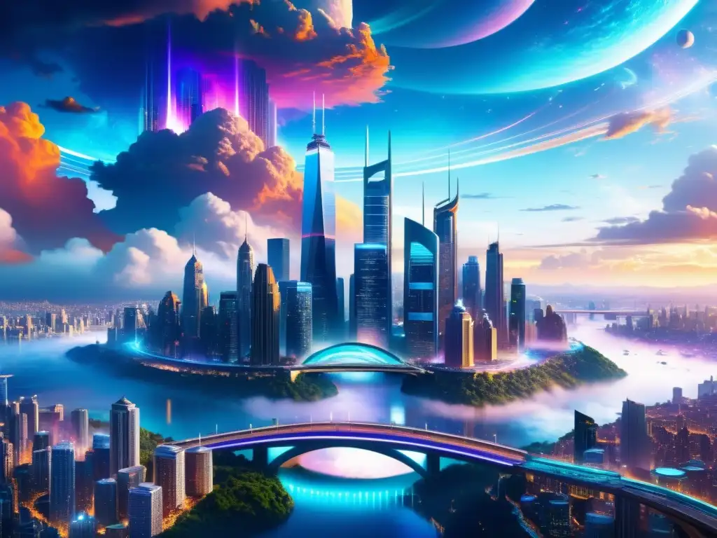 Metrópolis futurista interdimensional: visión 8k deslumbrante Una ciudad futurista multilayered con rascacielos interconectados por puentes brillantes, portales iridiscentes y un fondo cósmico, evocando la Teoría de cuerdas multidimensionales