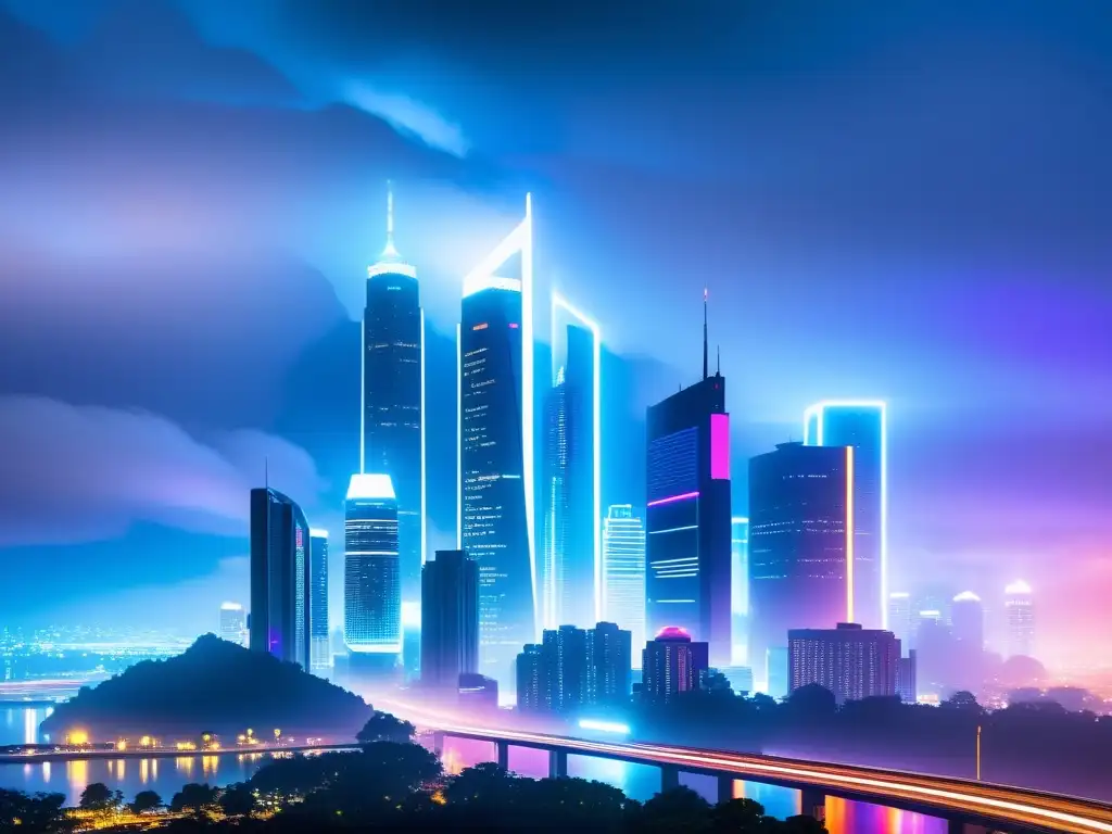 Metrópolis futurista: luces neón y hologramas en la noche Una ciudad futurista de noche, con rascacielos, luces de neón y vehículos voladores