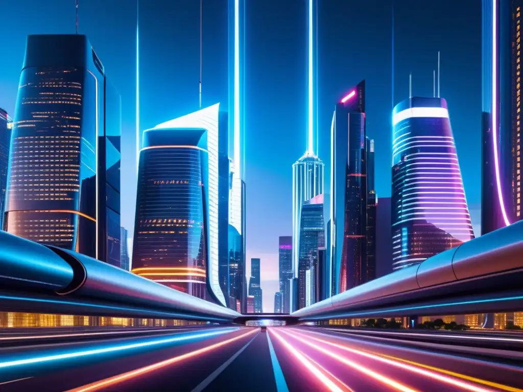 Metrópolis futurista: Inteligencia artificial fusionada con la ciudad Una ciudad futurista de noche con rascacielos iluminados por luces de neón y coches voladores