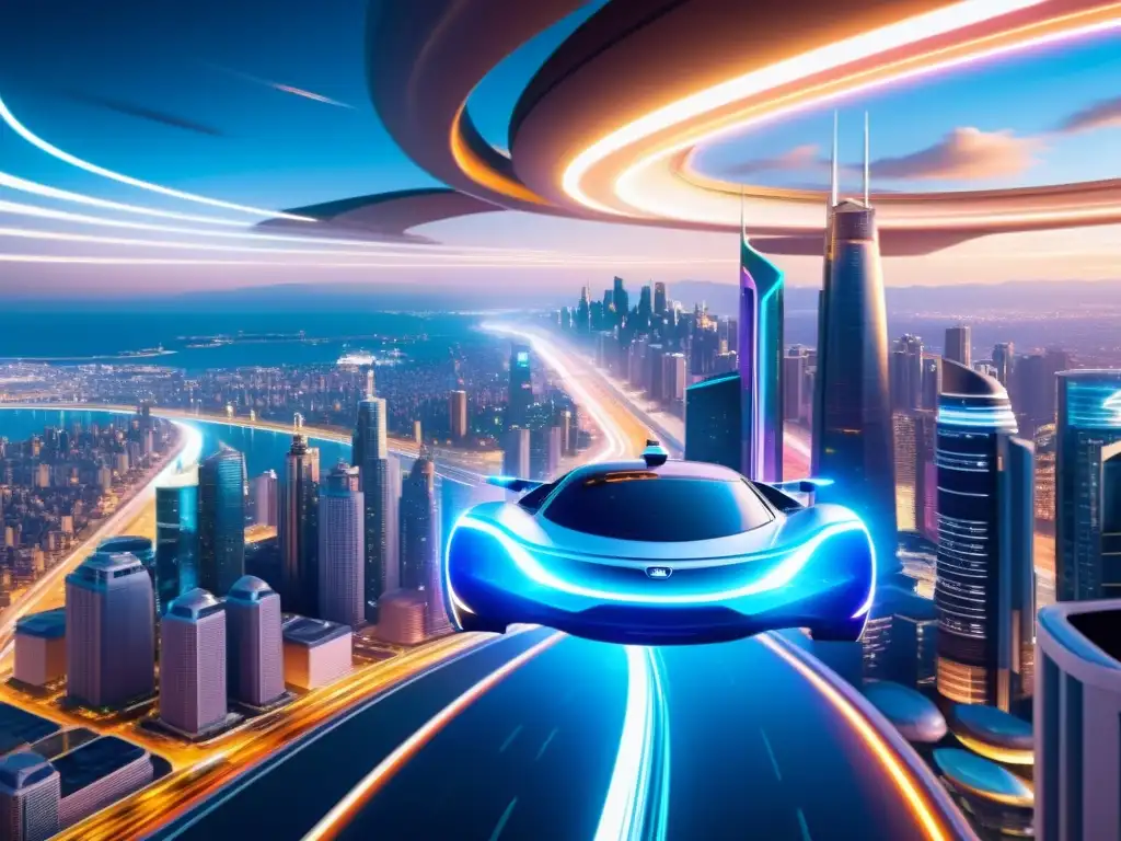 Metrópolis futurista: dimensiones alternas y tecnología avanzada Una ciudad futurista de noche con rascacielos, autos voladores y un remolino de luz que revela dimensiones alternas