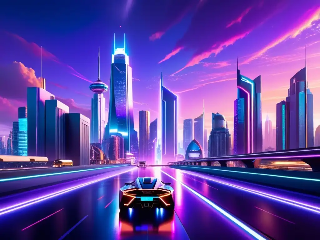 Metrópolis futurista: luces neon y tecnología avanzada Una ciudad futurista con rascacielos que se elevan hacia un cielo teñido de púrpura, iluminada por luces de neón y proyecciones holográficas
