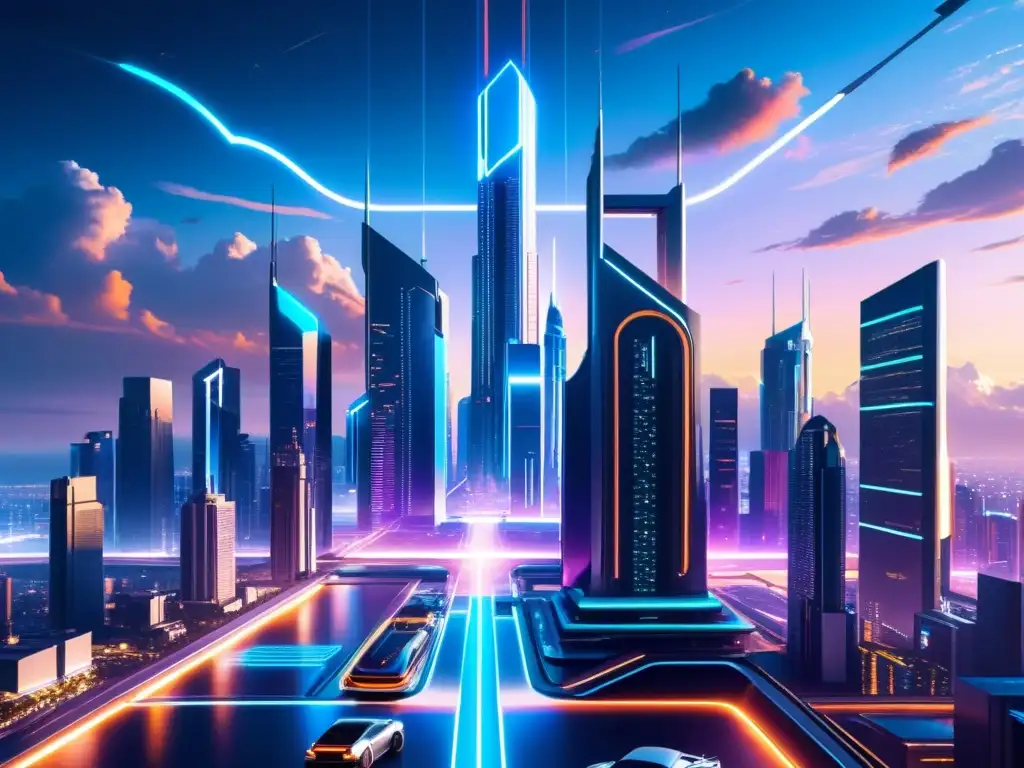 Metrópolis Futurista: Ciudad Cyberpunk y Teoría de Cuerdas Una ciudad futurista con rascacielos y científicos discutiendo teoría de cuerdas en universos paralelos