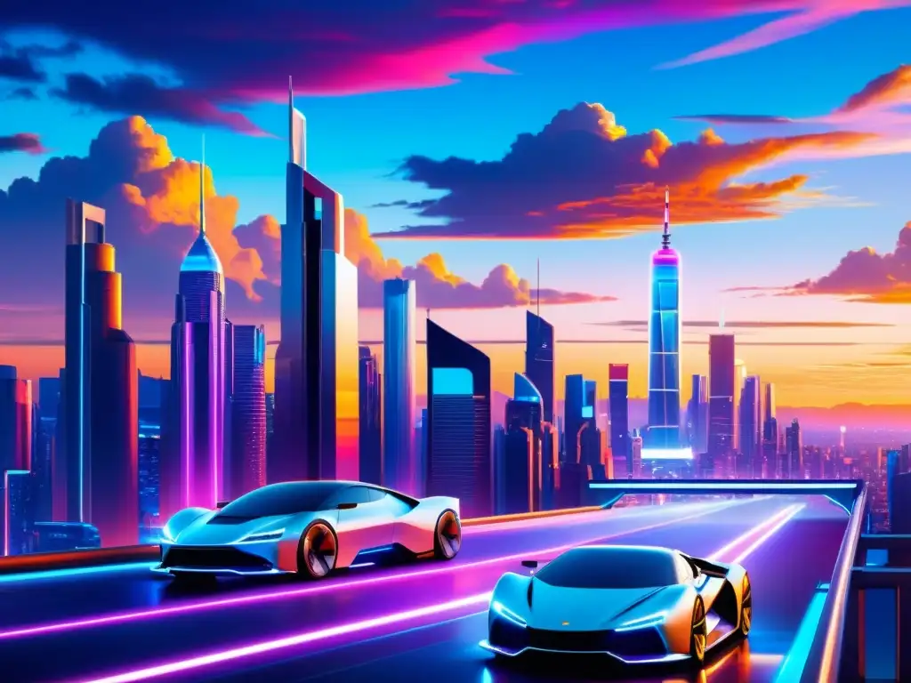 Metrópolis futurista: cielo tecnológico y arquitectura vanguardista Una ciudad futurista con rascacielos elegantes y tecnología avanzada, contra un atardecer vibrante