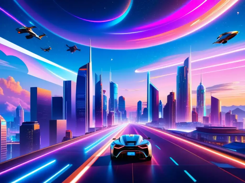 Ciudad futurista: luces neón, coches voladores y nebulosas Una ciudad futurista al anochecer, con rascacielos iluminados por luces de neón y hologramas