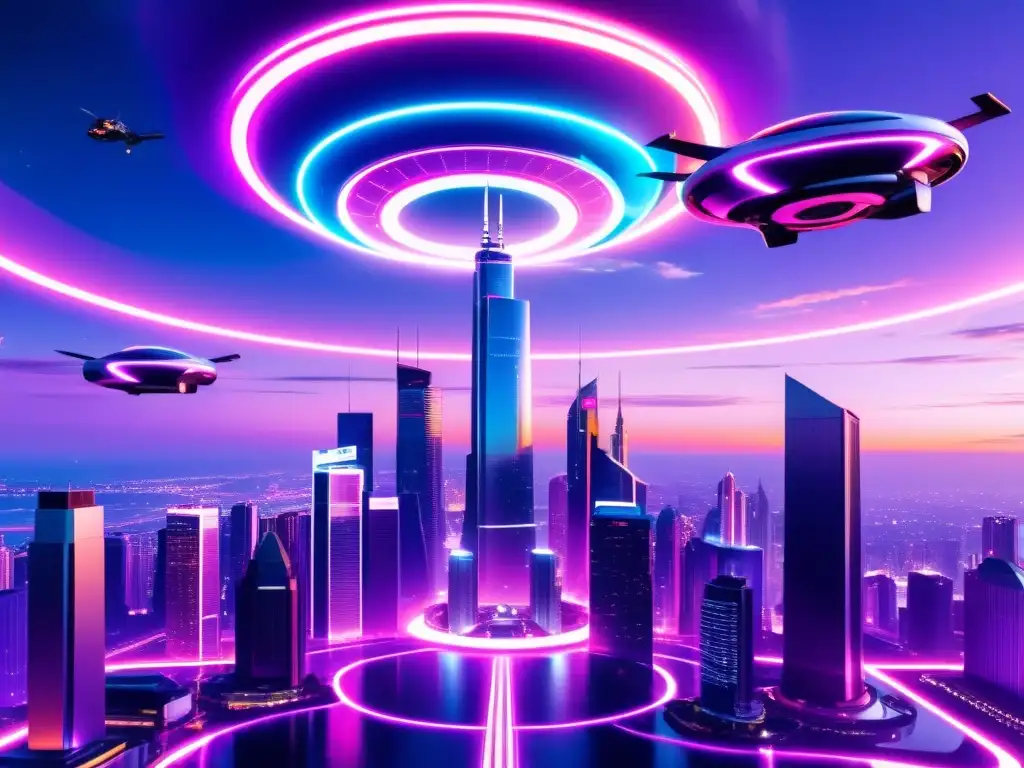 Metrópolis futurista: luces de neón y tecnología avanzada Una ciudad futurista con rascacielos iluminados por luces de neón y vehículos voladores, en un cielo rosa y morado