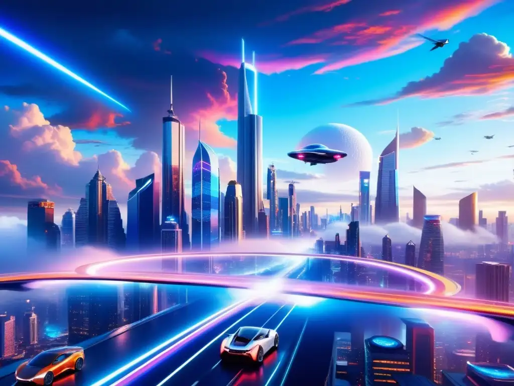 Metrópolis futurista: luces neón, coches voladores y portales dimensionales Una ciudad futurista con rascacielos iluminados por luces de neón y autos voladores, evocando viajes interdimensionales y un destino simbólico