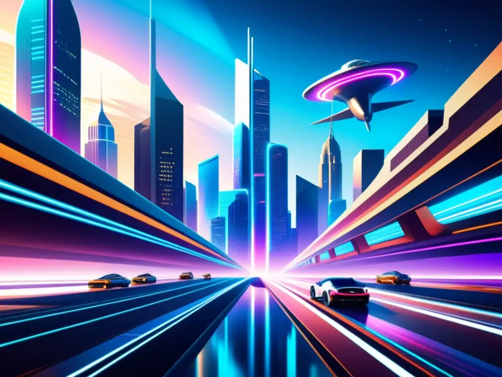 Metrópolis Futurista: Arquitectura Sideral y Portales Dimensionales Una ciudad futurista con rascacielos imposibles, energía pulsante y viajes interdimensionales en la cultura mainstream