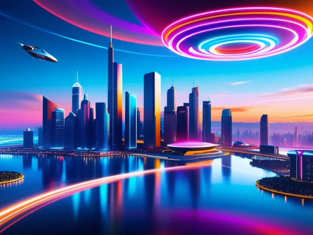 Metrópolis futurista: luces, rastros y tecnología de nanoespacio Una ciudad futurista con rascacielos metálicos y luces de neón