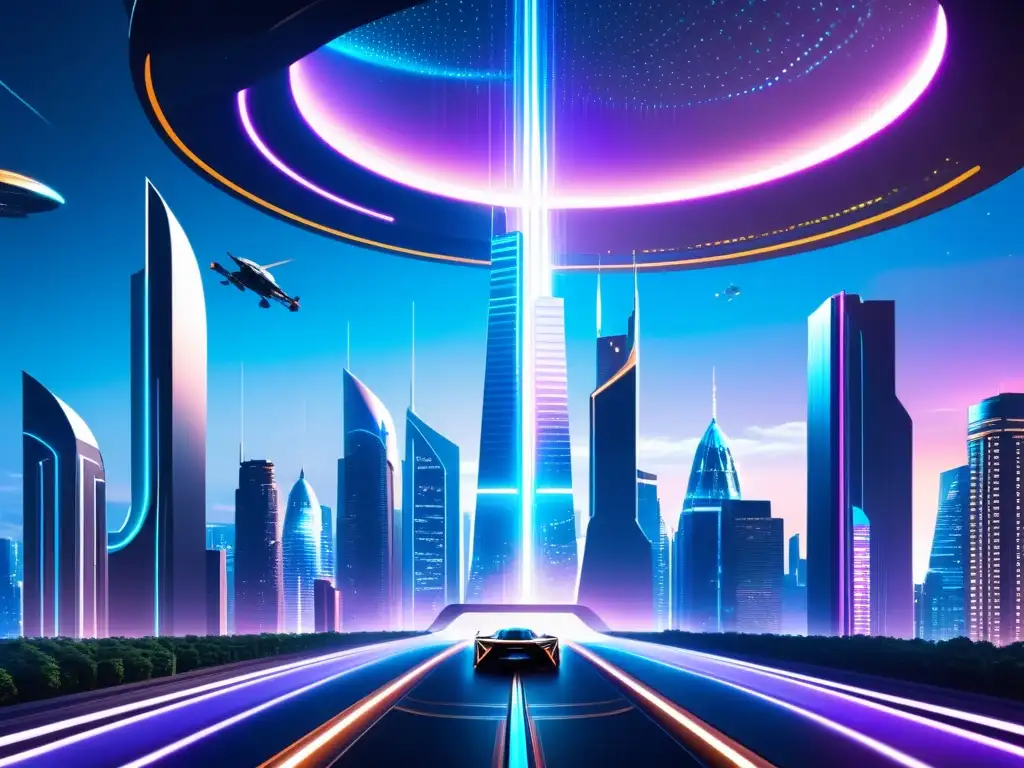 Metrópolis Futurista: Tecnología Avanzada y Portales Dimensionales Una ciudad futurista con rascacielos metálicos relucientes, vehículos voladores y tecnología avanzada