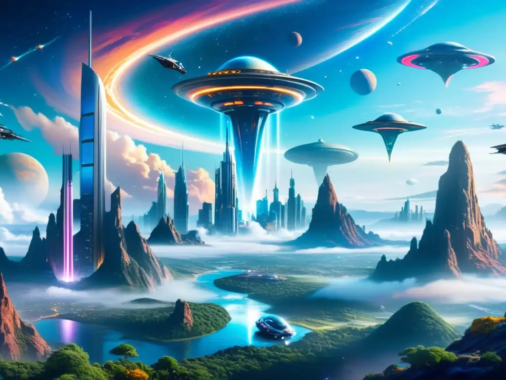 Metrópolis futurista en paisaje intergaláctico Una ciudad futurista con rascacielos se fusiona con el paisaje natural, mientras naves y seres alienígenas muestran una sociedad avanzada