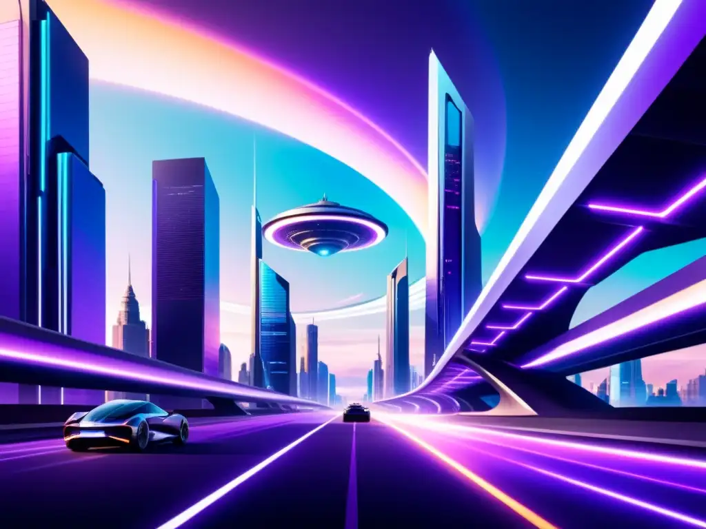 Metrópolis futurista: portal hacia un universo paralelo Una ciudad futurista con rascacielos relucentes y vehículos en el aire, se abre un portal a un universo alternativo