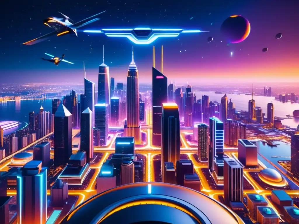 Metrópolis Futurista: Ciudad 8k Ultradetallada Una ciudad futurista en 8k con rascacielos, vehículos voladores y tecnología avanzada, iluminada por luces de neón