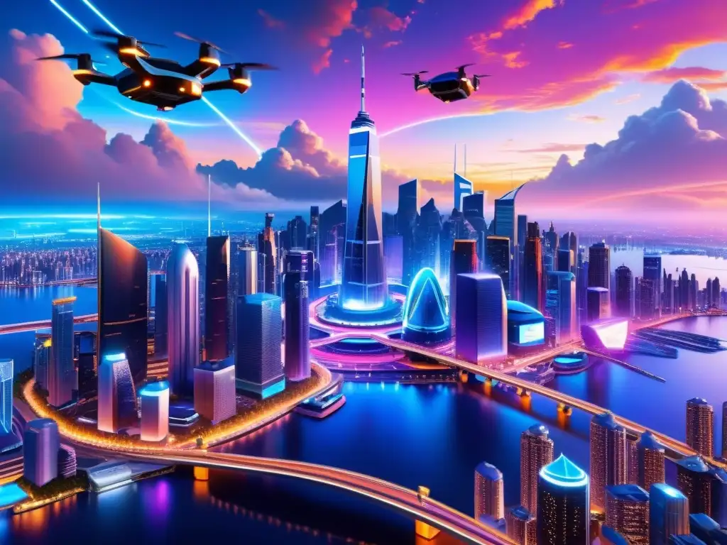 Una ciudad futurista en un universo de realidad virtual, con rascacielos y vehículos voladores, redes digitales, y un cielo surrealista