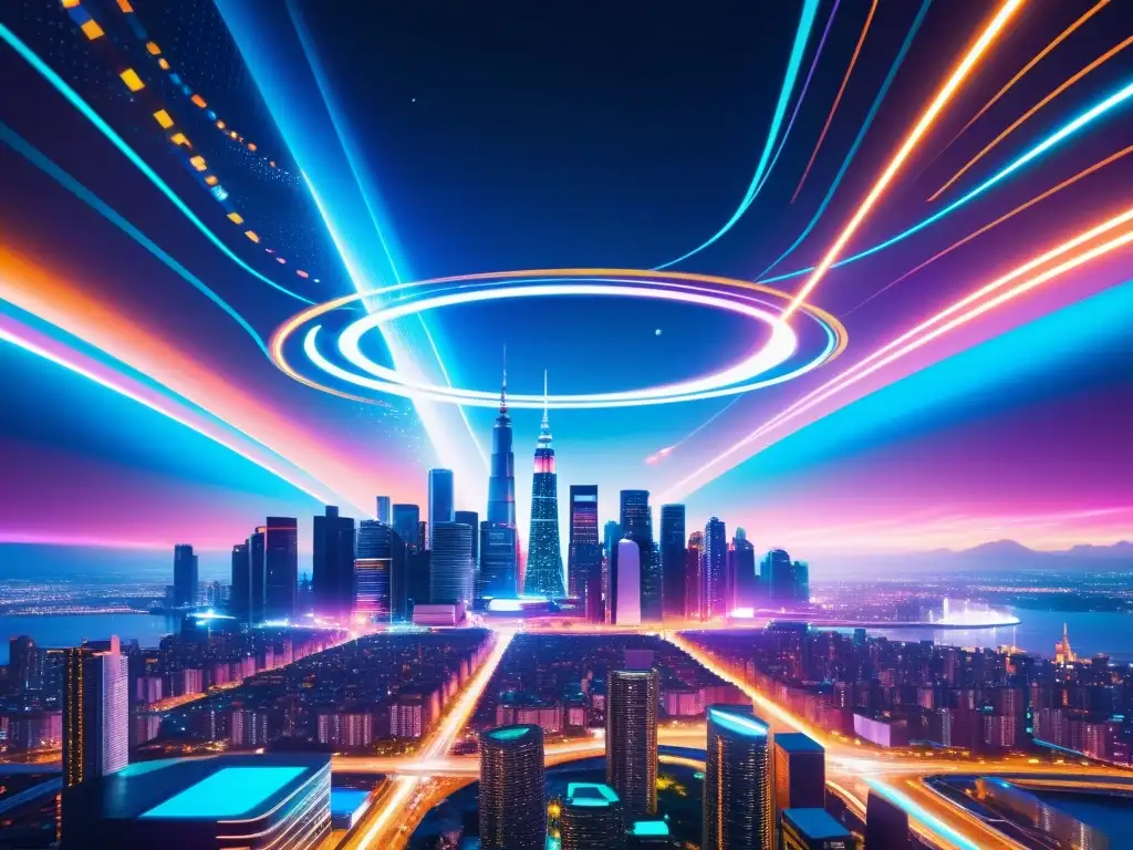 Metrópolis futurista: energía y maravilla interdimensional Una ciudad futurista vibrante con rascacielos, naves espaciales y un vórtice de energía, evocando viajes interdimensionales física matemáticas