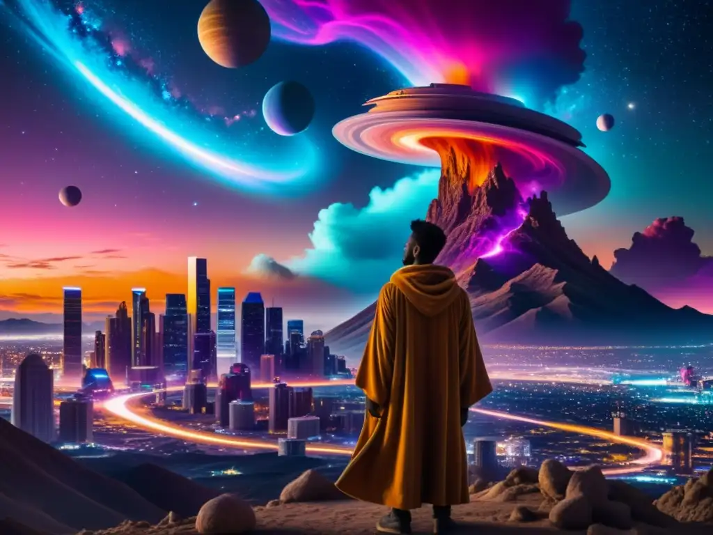 Visión cósmica: ciudad futurista entre galaxias Una ciudad surrealista y futurista con estructuras orgánicas y energía pulsante, con un espectáculo cósmico