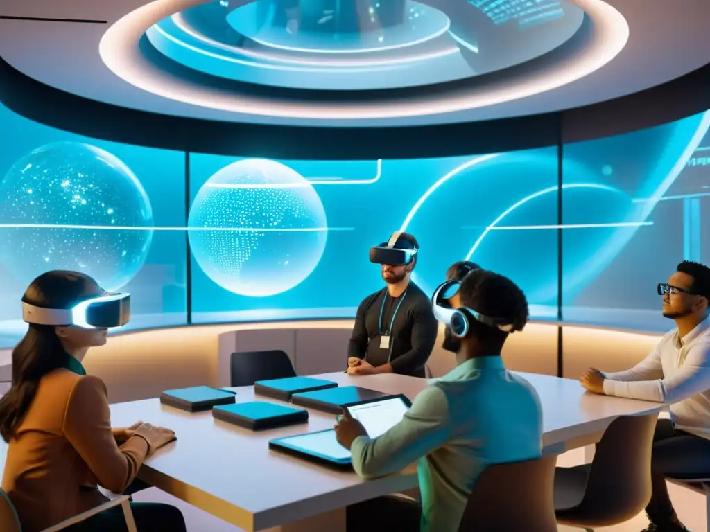 Aula futurista de física cuántica y realidades paralelas Clase futurista de física teórica con hologramas de mundos paralelos y avanzada tecnología en arquitectura, creando una atmósfera sci-fi cautivadora
