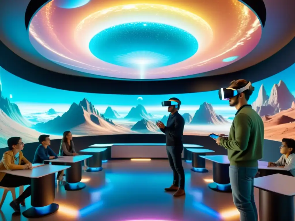 Clase futurista: viaje interdimensional en 8k Clase futurista con recursos didácticos para viajes interdimensionales, realidades virtuales y tecnología avanzada