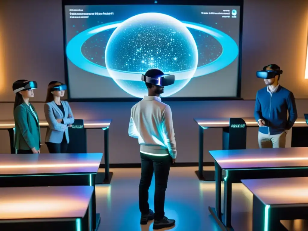 Clase de matemáticas y física en realidad virtual Clase con hologramas de física y matemáticas, realidad virtual, robot maestro y portal a otra dimensión, muestra viajes interdimensionales