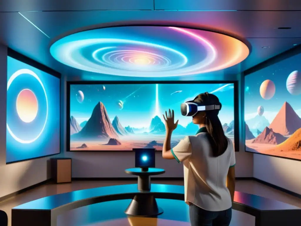 Exploración multidimensional: Aventura holográfica en el aula Clase con hologramas futuristas y estudiantes explorando dimensiones, con portales coloridos