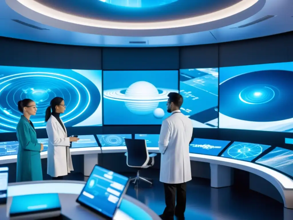 Viaje interdimensional: científicos en laboratorio futurista Colaboraciones entre físicos y desarrolladores explorando la interdimensionalidad en un laboratorio futurista