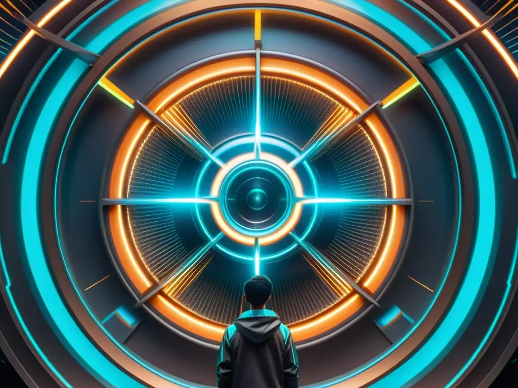 Colisionador de Partículas Futurista: Experimento Interdimensional Un colisionador de partículas futurista rodeado de energía luminosa, con haces de luz convergiendo en universos paralelos