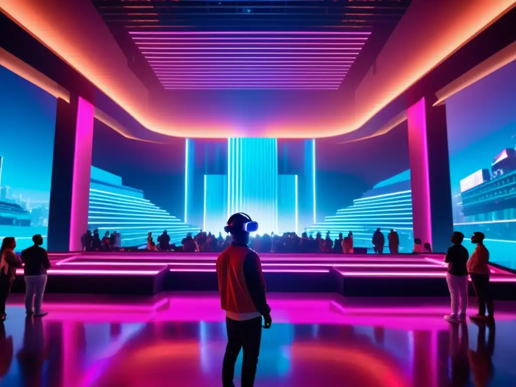 Concierto virtual futurista: avatares y ondas de sonido coloridas Concierto en realidad virtual con paisajes sonoros y avatares inmersos en la música, entre rascacielos y luces de neón