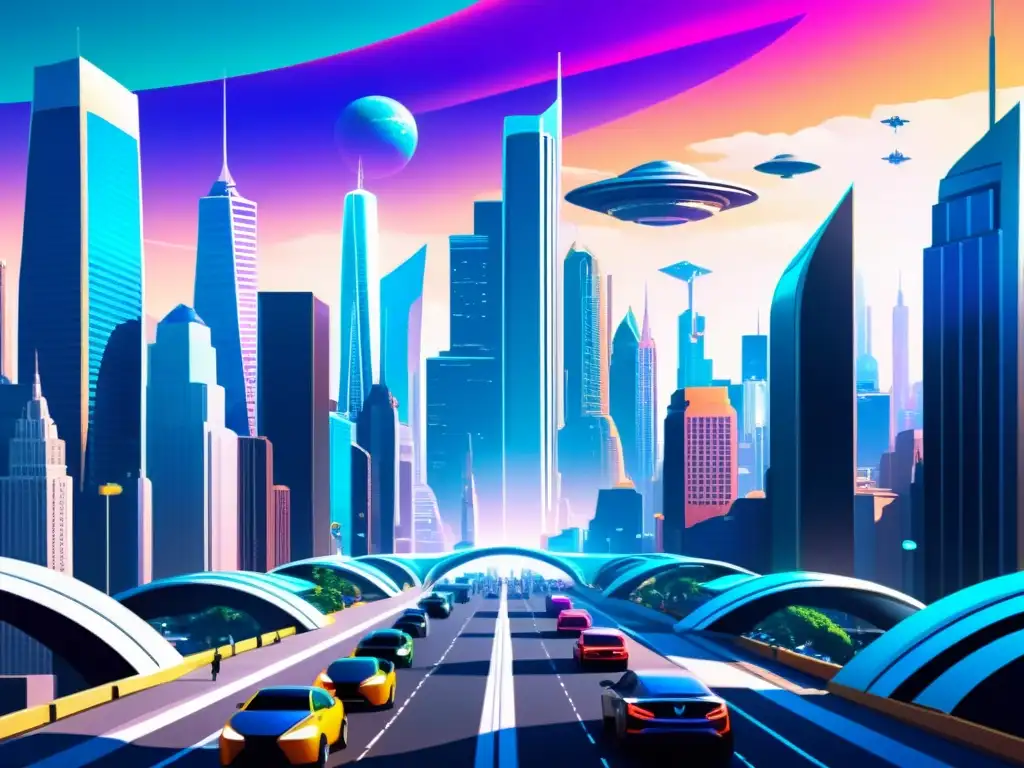 Metrópolis futurista: ciudad alienígena y tecnología avanzada Contacto interdimensional en La Paja en el Ojo de Dios: Futurista metrópolis alienígena con rascacielos, tecnología avanzada y un portal misterioso