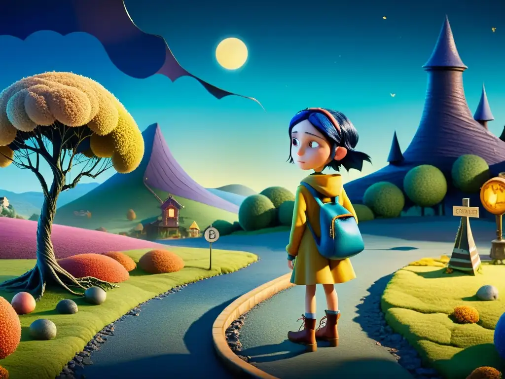 Coraline en las Realidades Alternas: Explorando los Mundos Surreales Coraline se encuentra en una encrucijada, con paisajes surrealistas y coloridos que representan realidades alternativas en Coraline