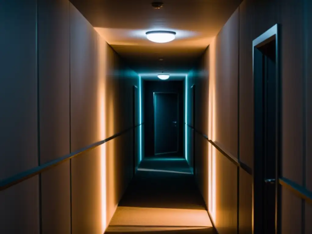 Corredor sombrío con luces titilantes y formas distorsionadas Un corredor sombrío y retorcido con luces intermitentes y formas distorsionadas