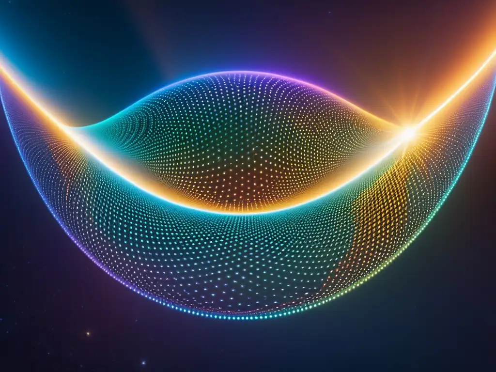Red cósmica de cuerdas vibrantes: un viaje por el multiverso Un cosmos de cuerdas iridiscentes entrelazadas en múltiples dimensiones, en una sinfonía de vibraciones