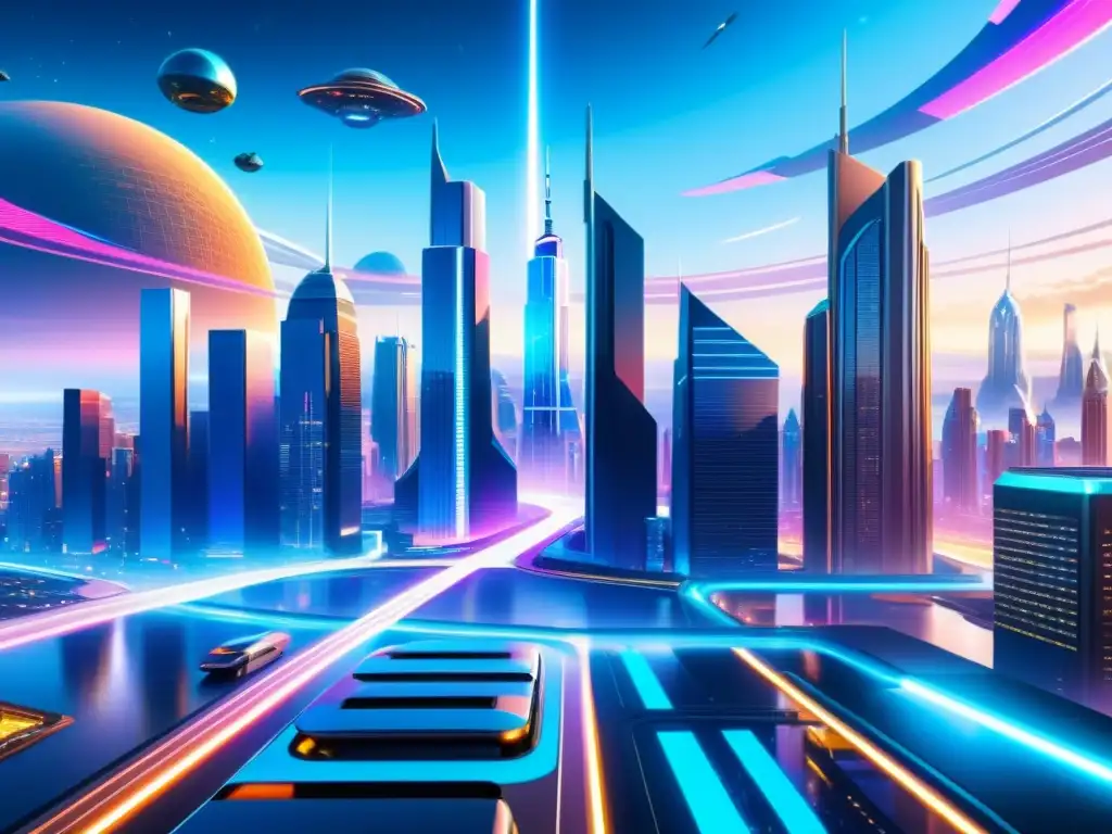 Horizonte futurista en 8K: ciudades y multiversos Una creación de animaciones en multiverso: ciudad futurista con rascacielos, vehículos voladores y portales a otras realidades