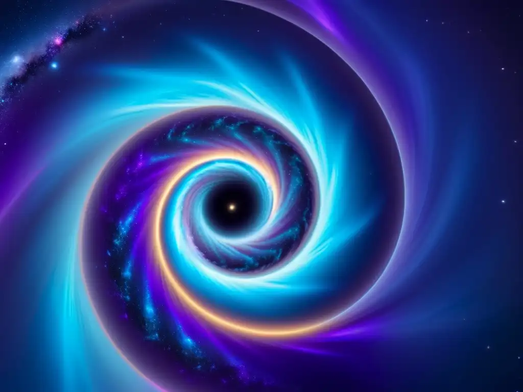 Vórtice cósmico: viaje interestelar a través de un agujero de gusano Deslumbrante agujero de gusano conectando galaxias distantes, con tonos azules y púrpuras luminosos y estrellas visibles en el túnel
