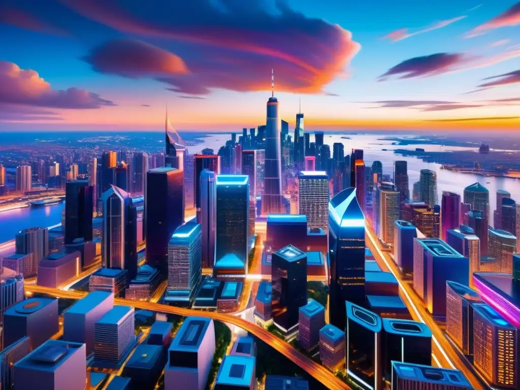 Futurismo urbano: ciudad 8k ultradetallada Deslumbrante ciudad futurista con rascacielos reflectantes, vehículos en el aire y senderos luminosos