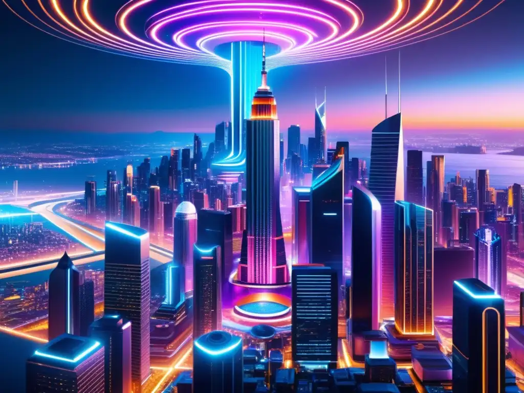 Metrópolis futurista: nanotecnología en 8K Deslumbrante ciudad futurista en 8K con rascacielos metálicos, luces neón y nanotecnología para manipulación espaciotemporal